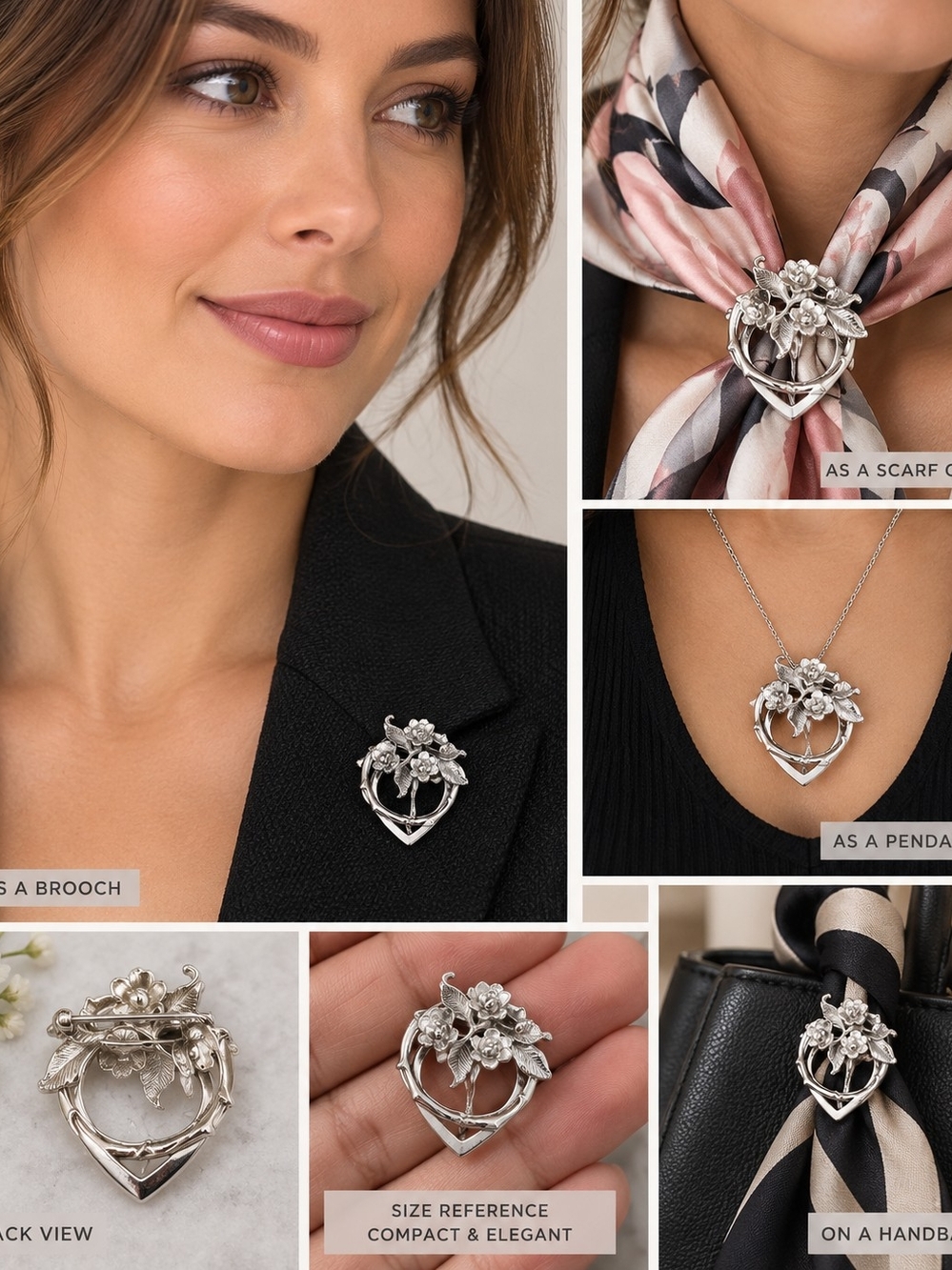 Silver Floral Heart Multi-Wear Scarf Clip